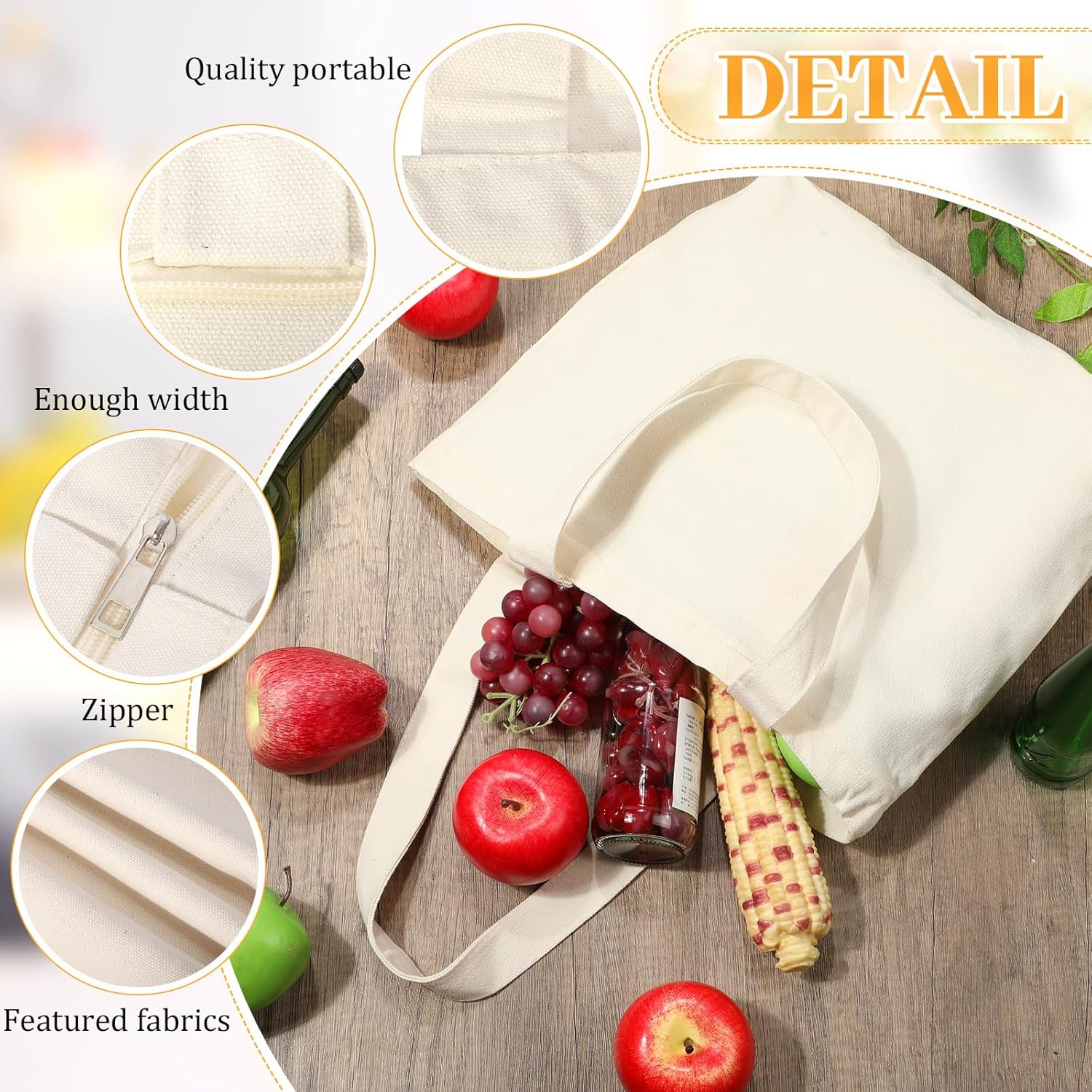 Silkfly 20 Pcs Canvas Tote Bags Bulk 16.5x13.4'' Blank Cotton Canvas Bag with Zipper Handles Reusable Plain Grocery Makeup Handbag for DIY (Beige) - Image 3
