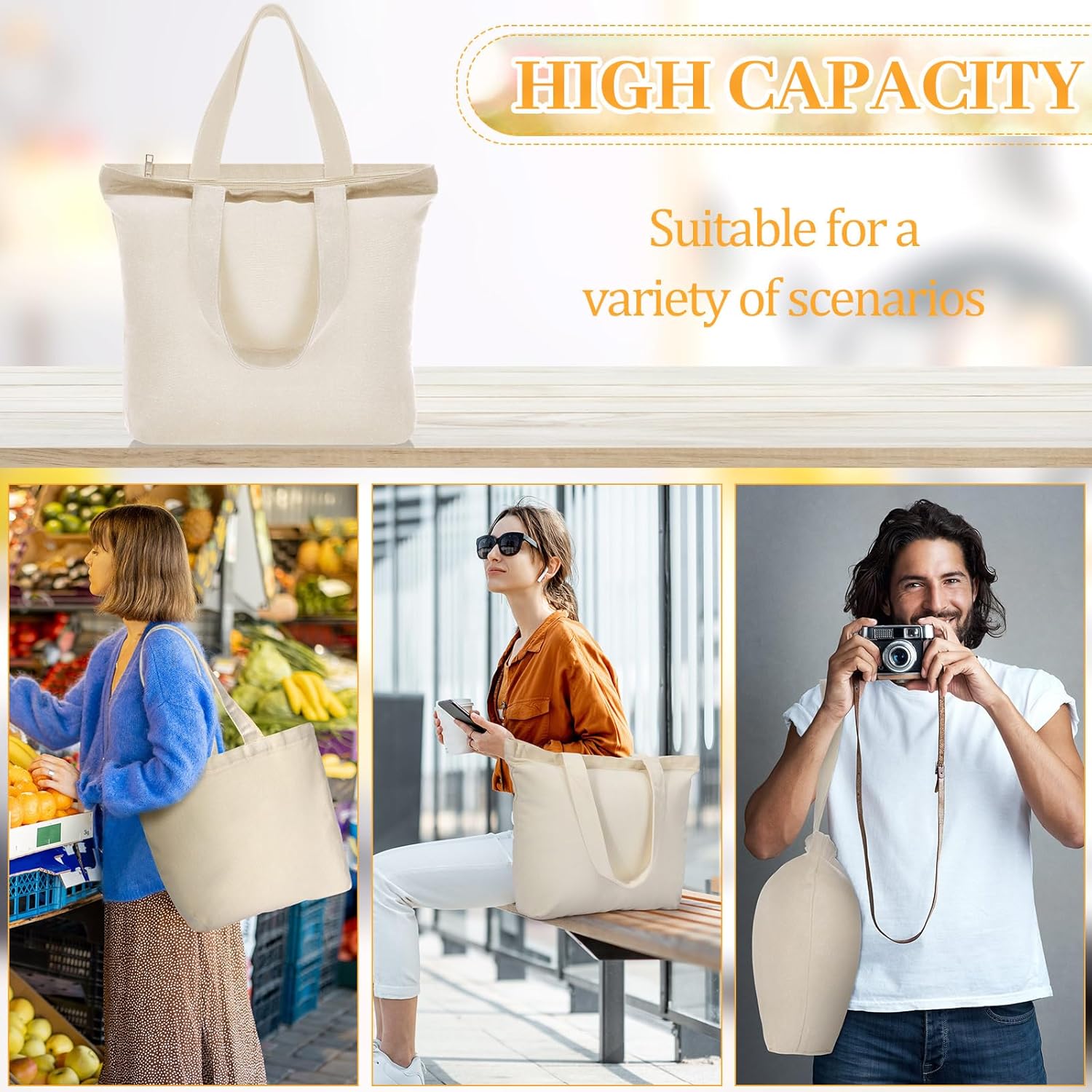 Silkfly 20 Pcs Canvas Tote Bags Bulk 16.5x13.4'' Blank Cotton Canvas Bag with Zipper Handles Reusable Plain Grocery Makeup Handbag for DIY (Beige) - Image 6