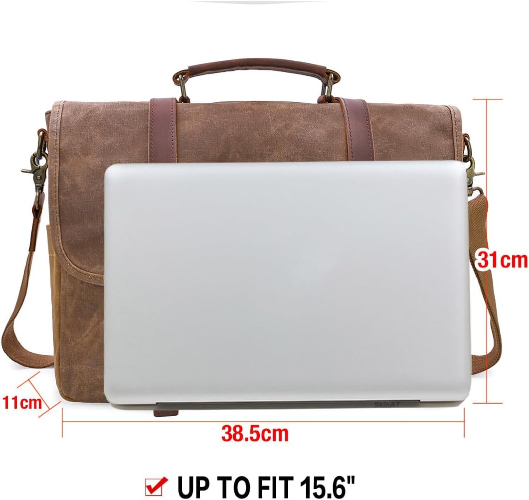 Mens Messenger Bag 15.6 Inch Waterproof Vintage Genuine Leather Waxed Canvas Briefcase Large Leather Computer Laptop Bag Rugged Satchel Shoulder Bag, Brown - Image 7