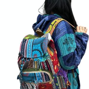 Large Double Pocket Hemp Backpack - Handmade in Nepal | Eco-Friendly Hemp and Cotton | American Native-Inspired Design | Durable & Spacious with Dual Pockets and Mesh Compartments